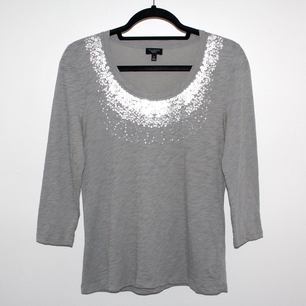 Talbots Silver Sequin Scoop Neck 3/4 Sleeve Top